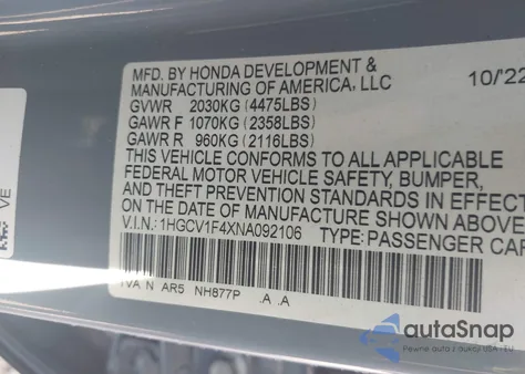 2022 Honda Accord Sport Special Edition из США, поврежденный, VIN 1HGCV1F4XNA092106